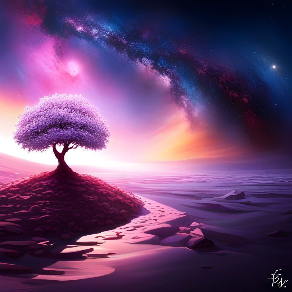 Cherry Tree on Miniature Planet in Anime Style