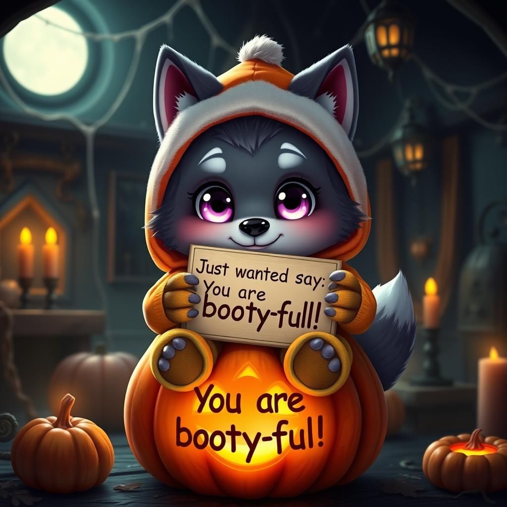 Chibi Werewolf on Pumpkin in Whimsical Halloween Scene