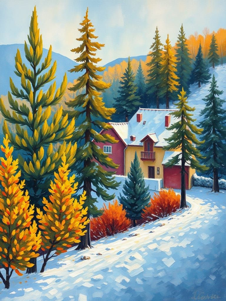 Winter Village in Impressionist Style