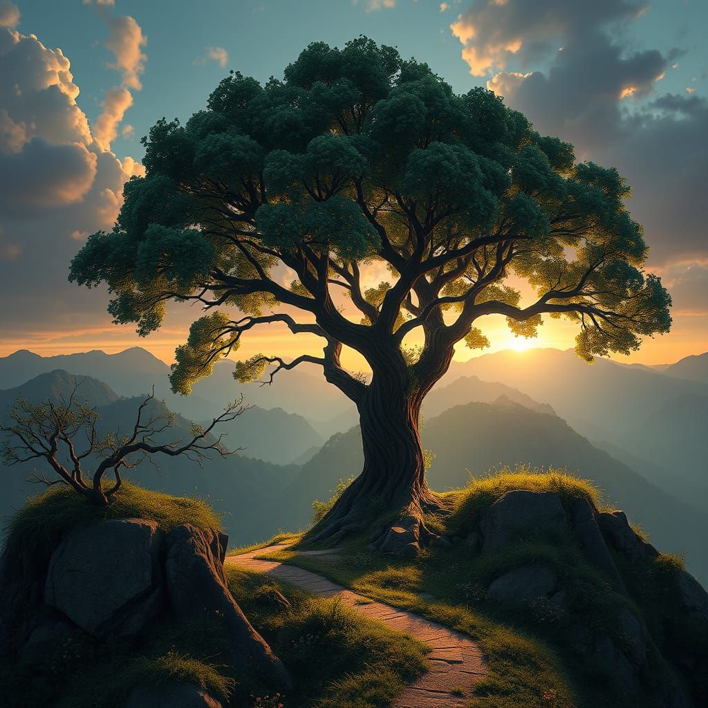 un árbol de la vida se para en medio de un paisaje, la mitad...