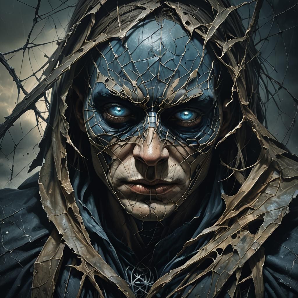 Sorrowful Face Behind Broken Mask in Dark Surrealism