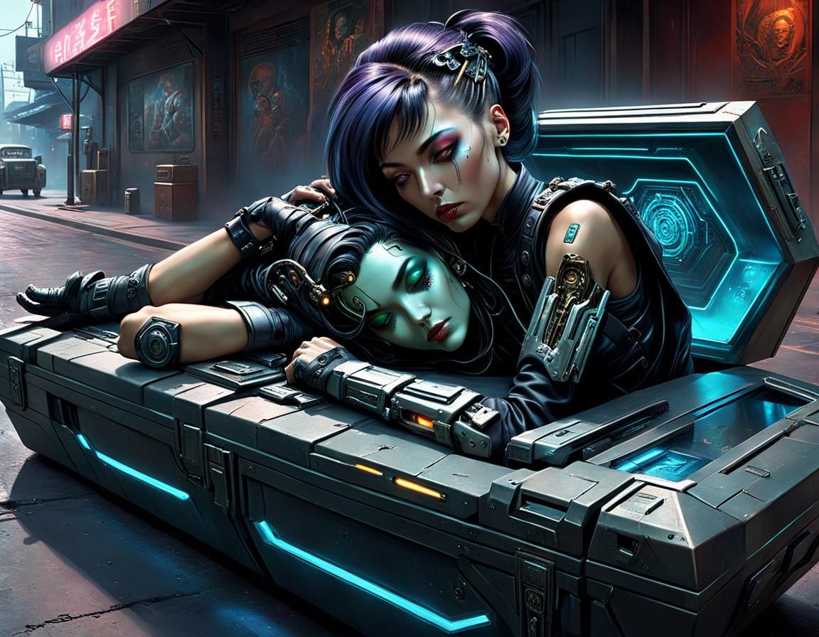 Cyborg Lady in Cyberpunk Cityscape