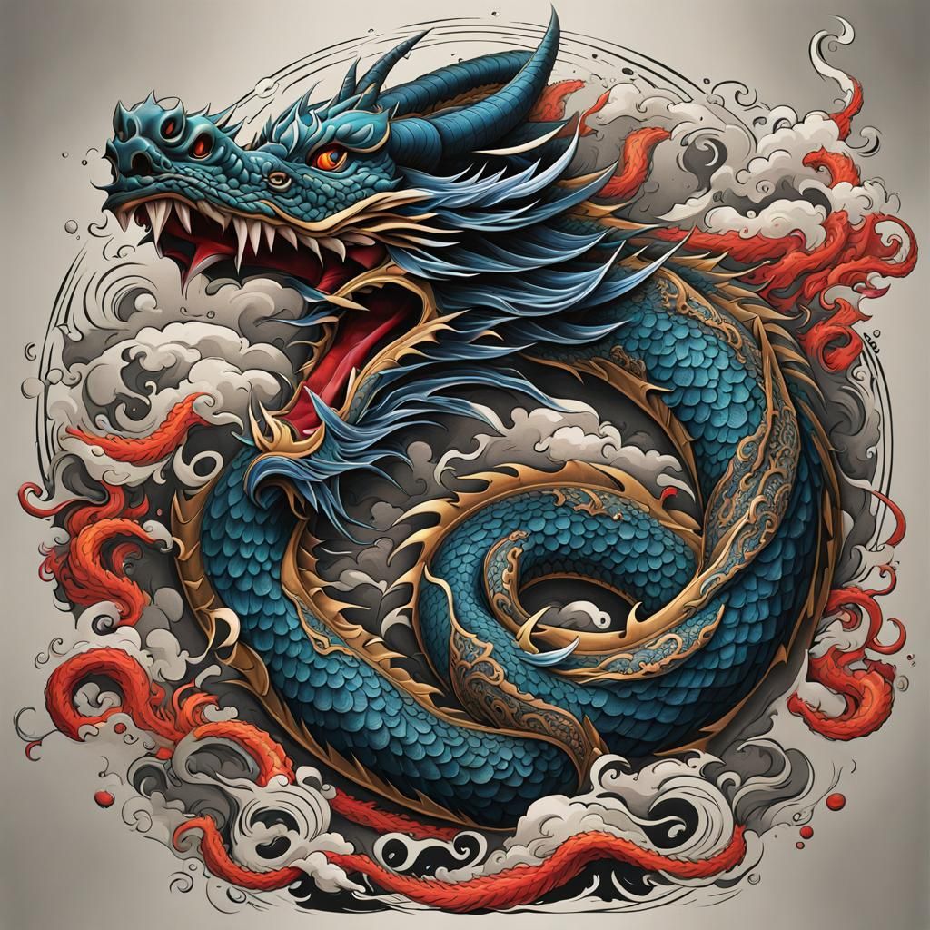 Japanese Dragon Arm Tattoo Stencil in Realism Style