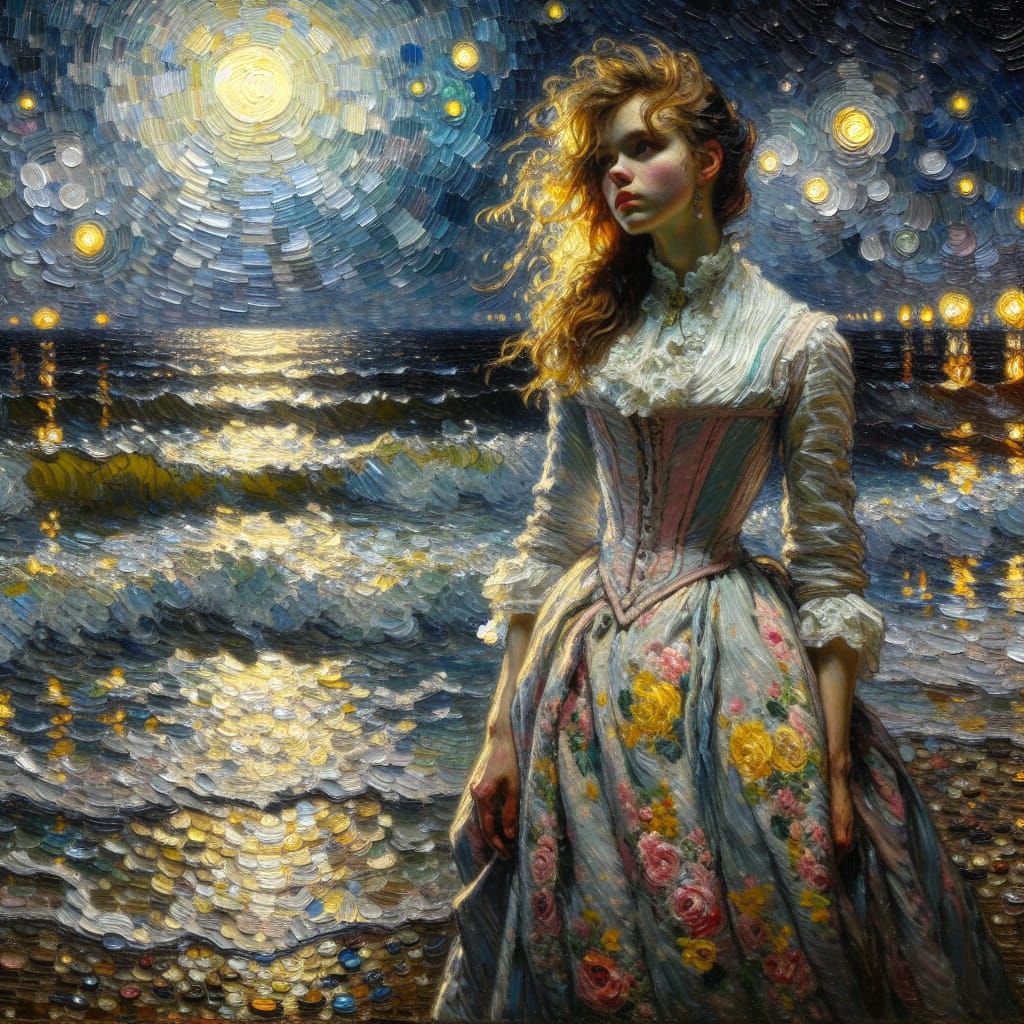 Chiaroscuro Painting of Woman by Sea in Expressionist Style