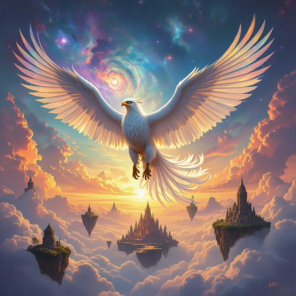 Griffin Soaring Through Cosmic Skies in Hyperrealistic Style