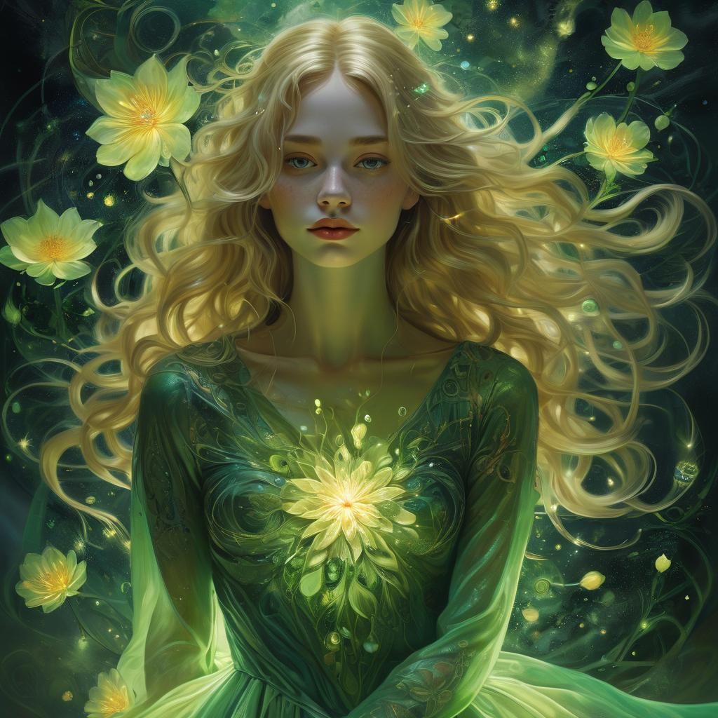 Ethereal Lady with Cosmic Flower in Surreal Oil Painting