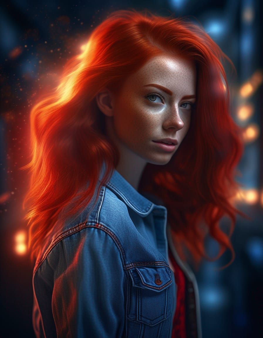 Hyper-Realistic Redhead in Denim with Neon Lighting