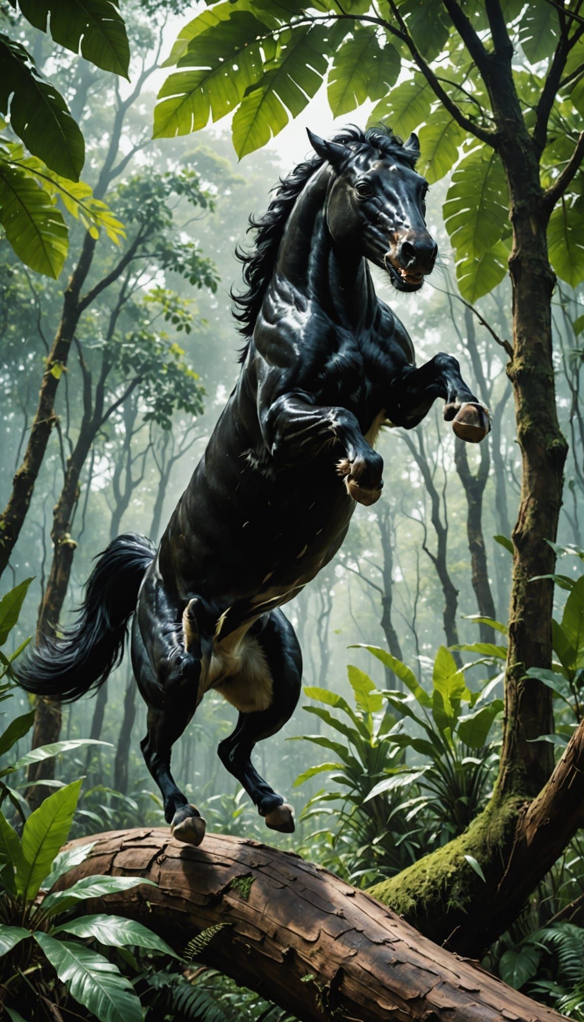 Black Pumahorse Leaping in Jungle Scene