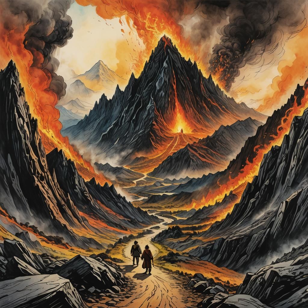 Frodo Approaches Orodruin in Colorful Pen Drawing