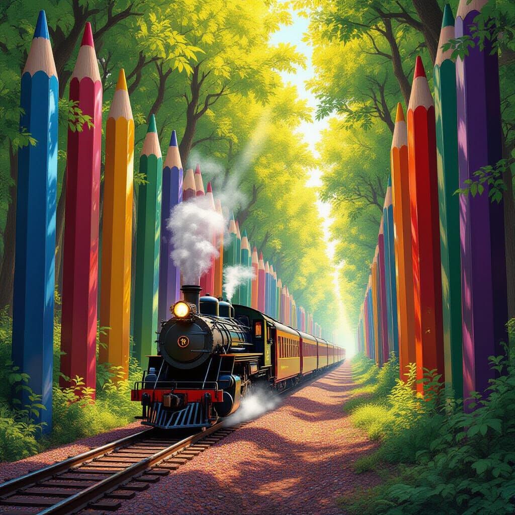 Train Travels Through Giant Colored Pencil Forest