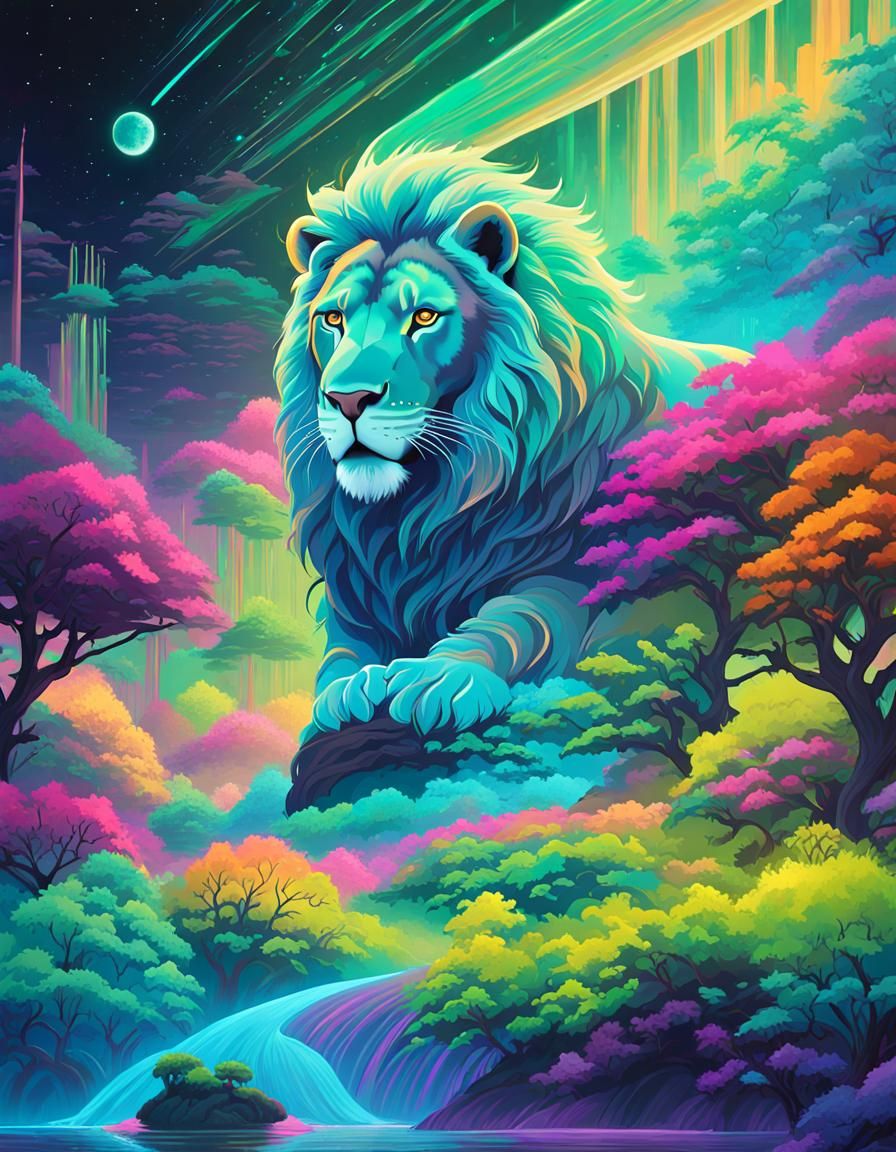 Psychedelic Vaporwave Lion with Neon Mane