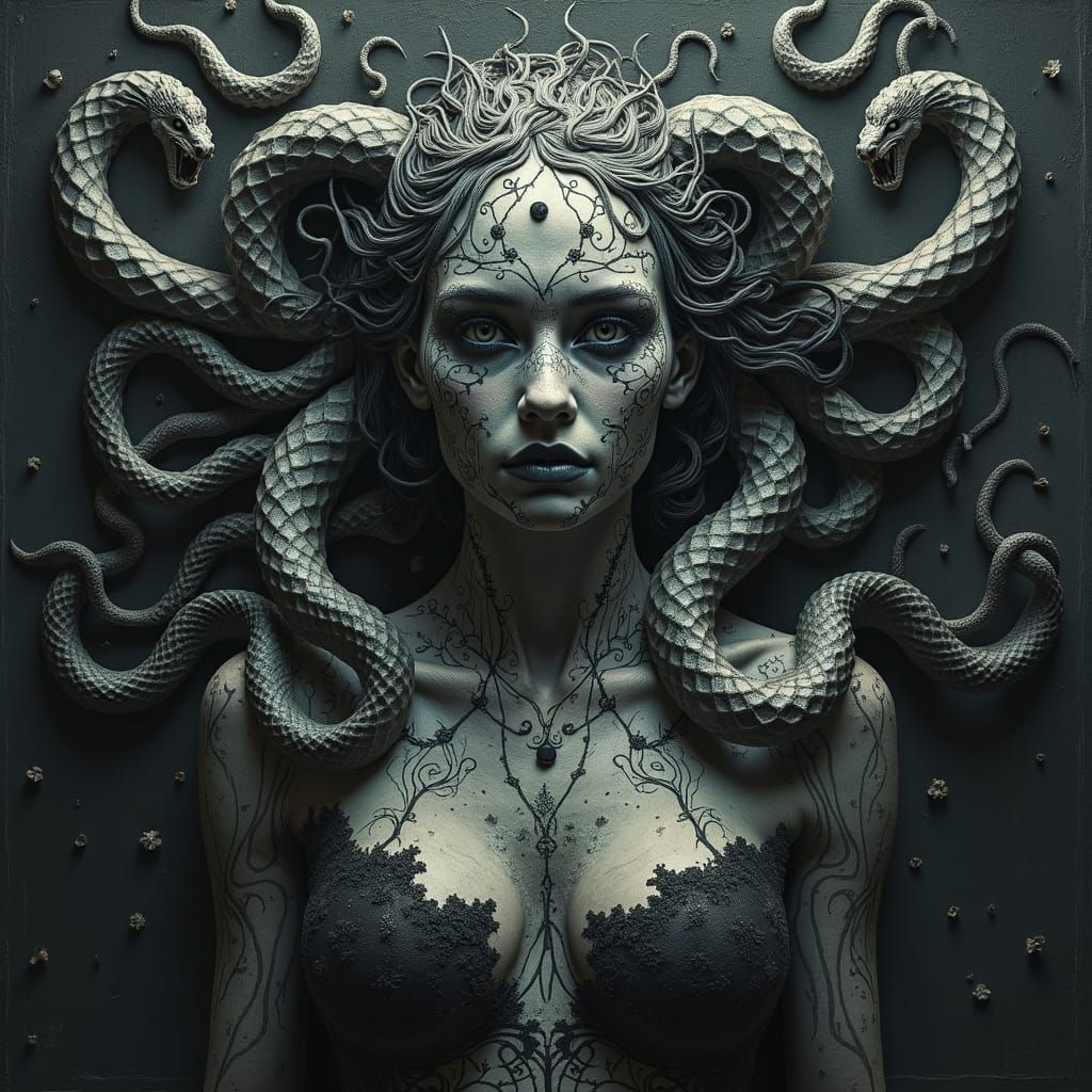 Noctilucent Medusa with Snakes in Chalk and Charcoal