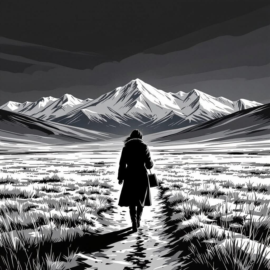 Kyrgyz Teacher in Steppe Line Art