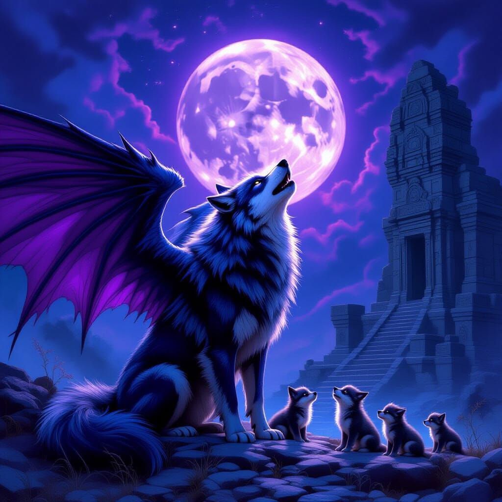 Wolf Pack Howling at Purple Moon with Dragon Wings