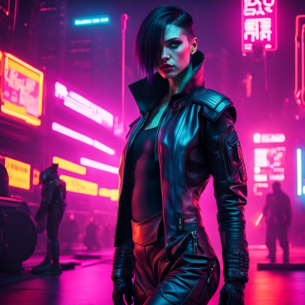 Cyberpunk Woman in Neon Cityscape