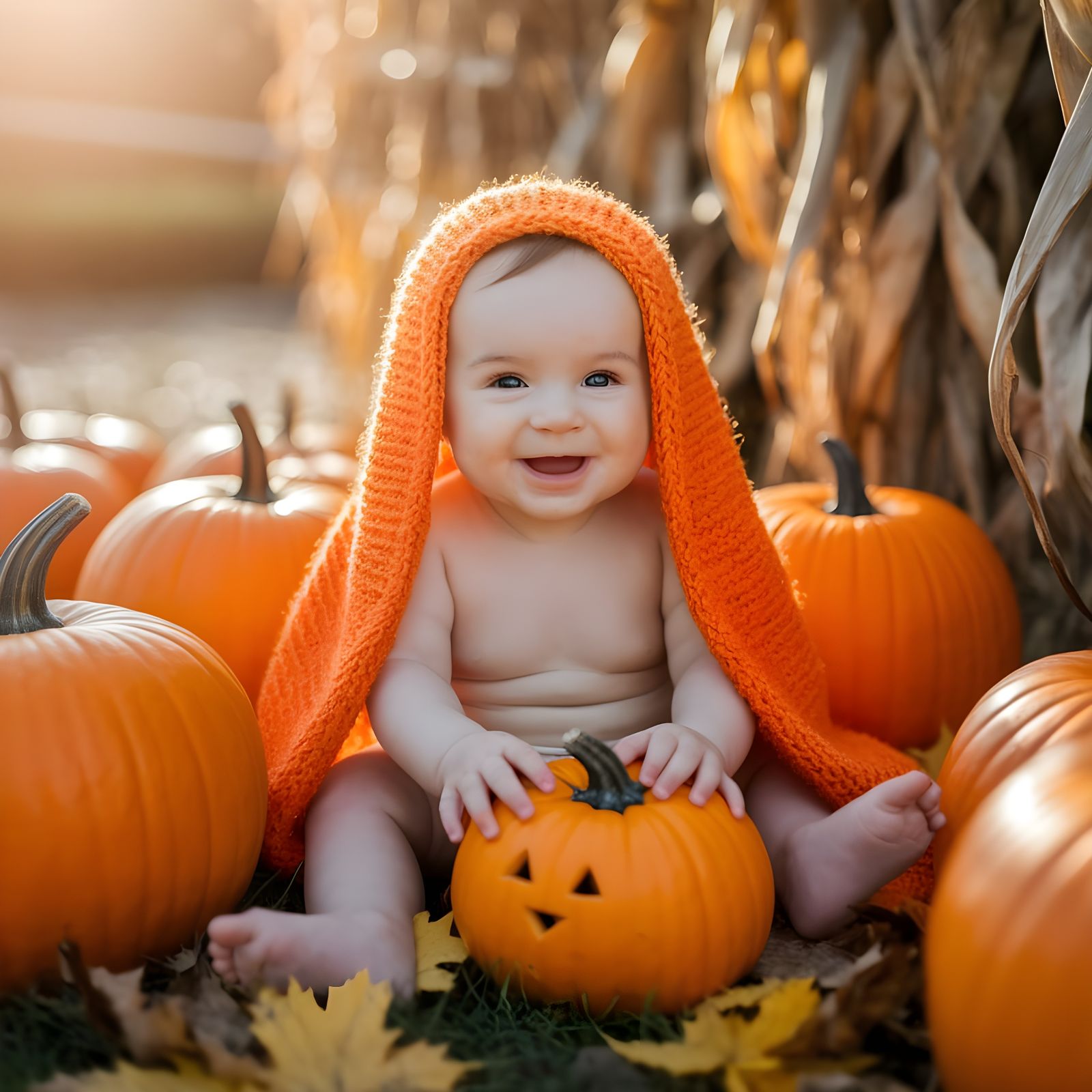 Baby in Orange Blanket with Pumpkins