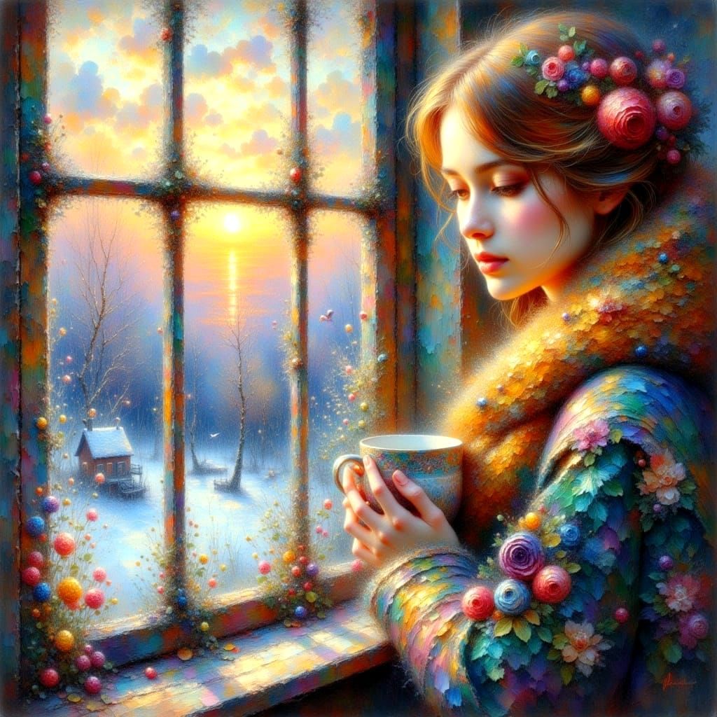 Sad Woman at Frosty Window in Impressionistic Style