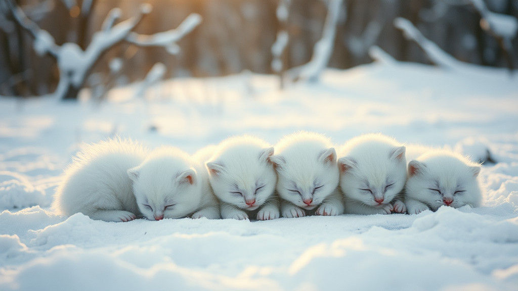 Fluffy White Kittens Sleeping in Winter Landscape