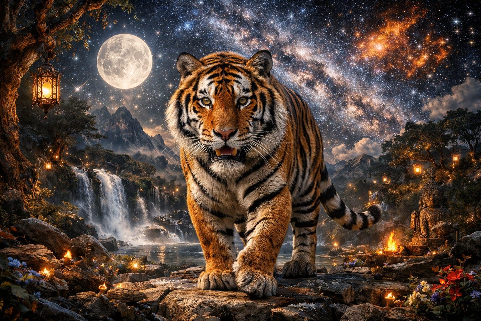 Hyper Realistic Bengal Tiger Under Night Sky