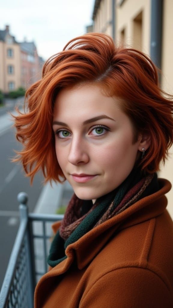 Red-Haired Woman's Selfie on Balcony in Autumn