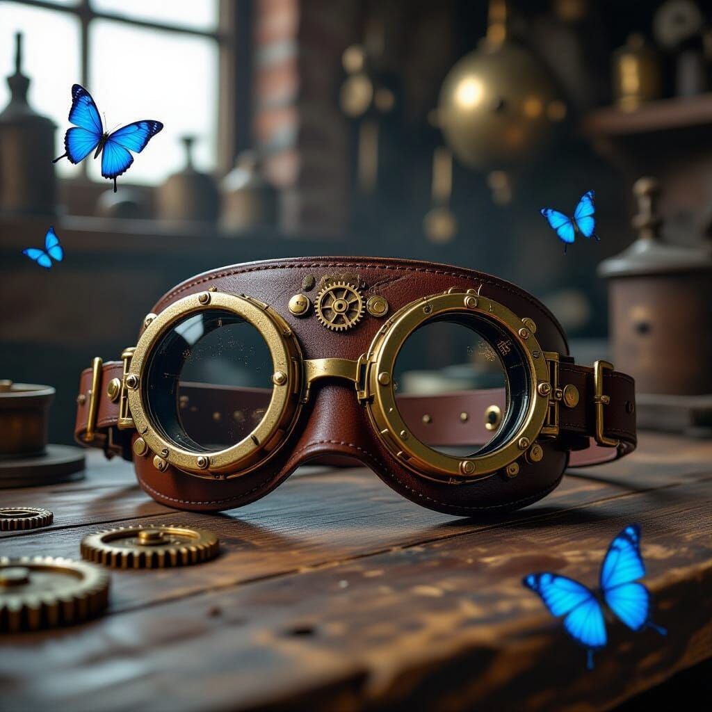Steampunk Goggles on Workshop Table with Blue Butterflies