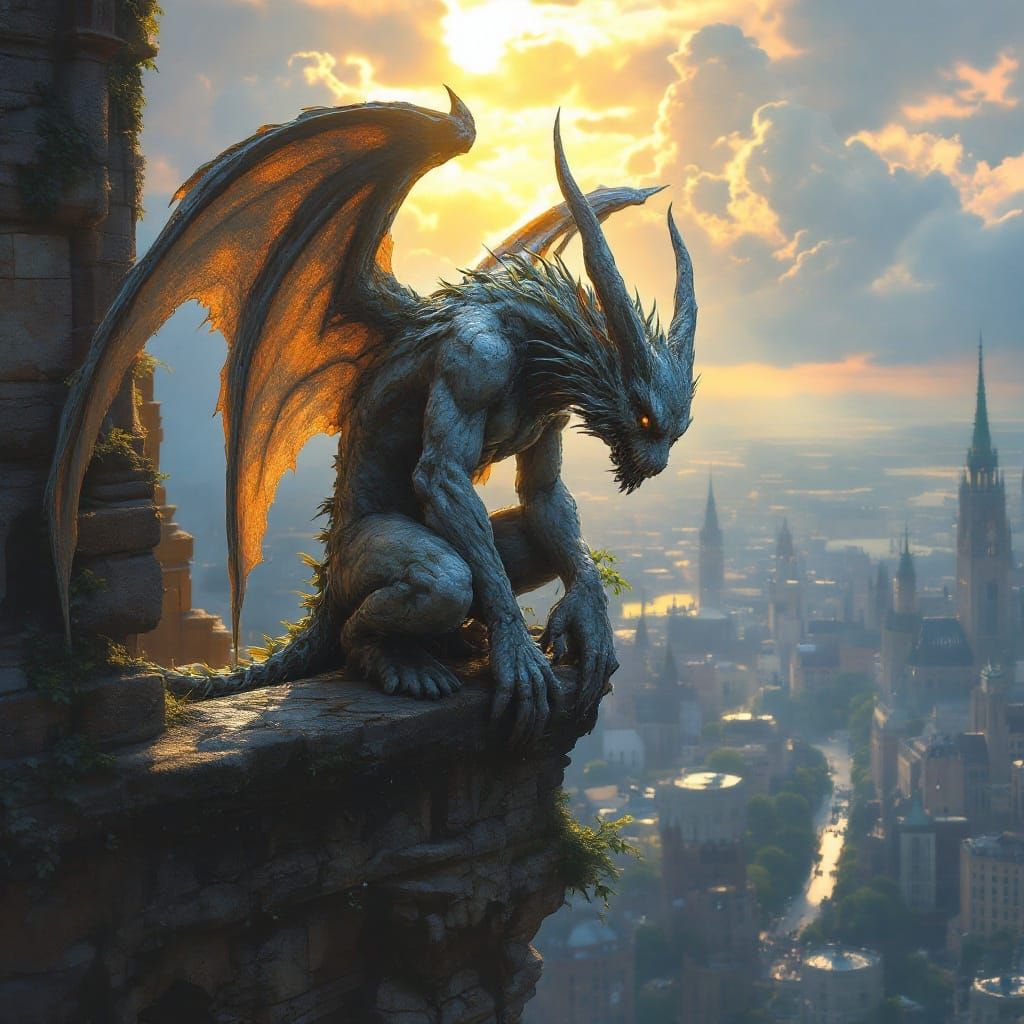Gargoyle Awakens in Vibrant Cathedral Setting