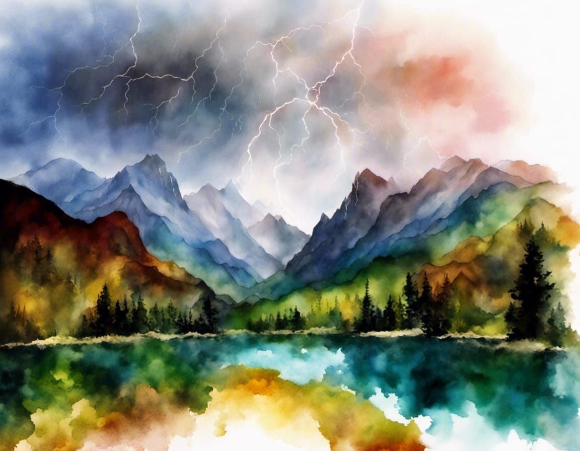 Dramatic Mountain Range in Watercolor Ink Style