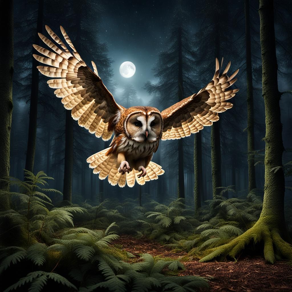 Tawny Owl Hunting Mouse in Forest: Digital Matte Painting