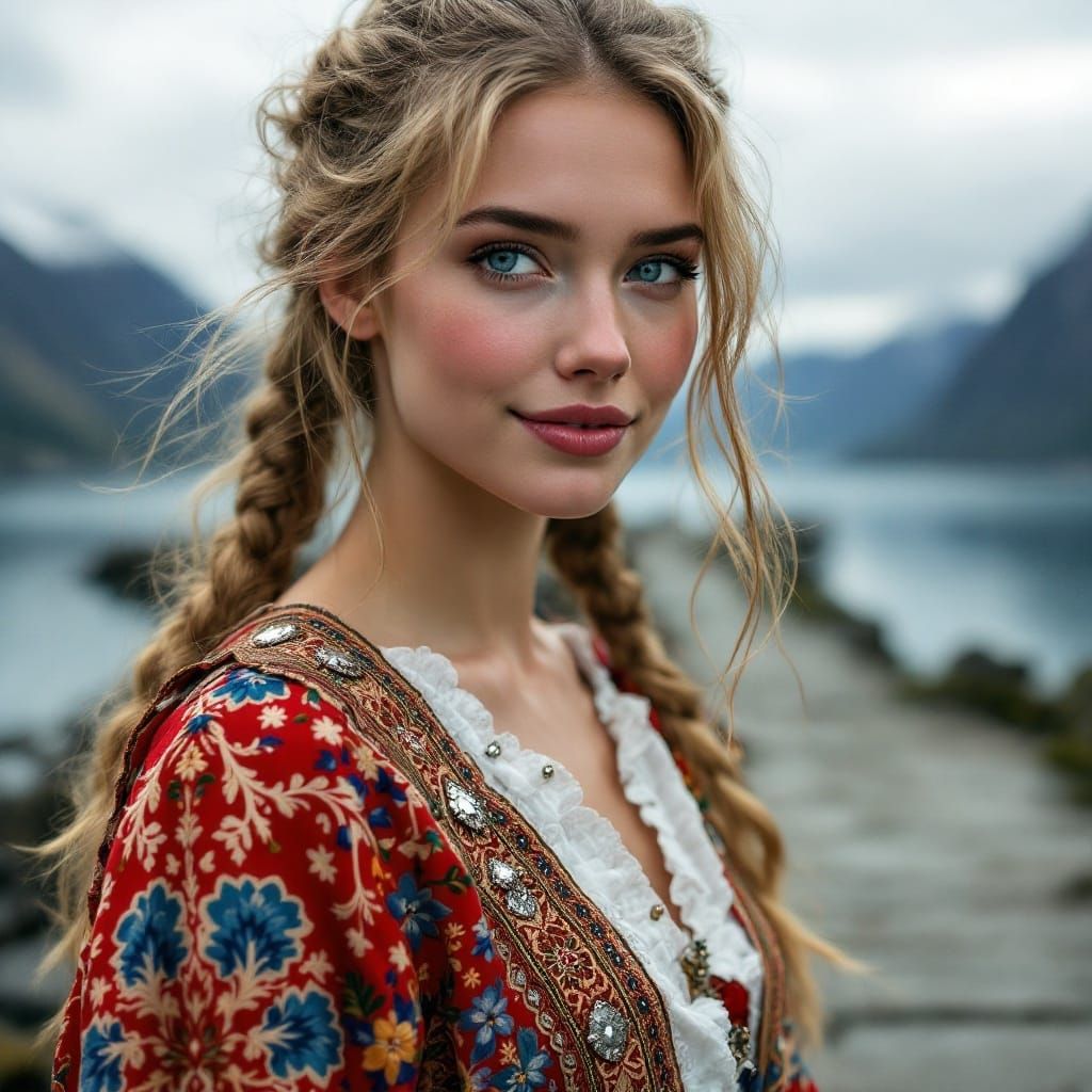 Norwegian Woman in Bunad on Stone Bridge