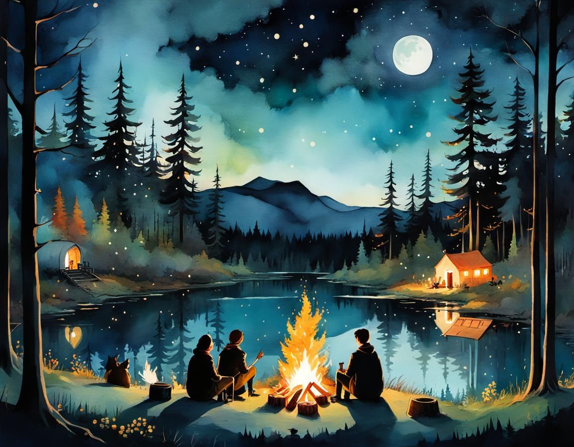 Magical Campfire Under Sparkling Night Sky
