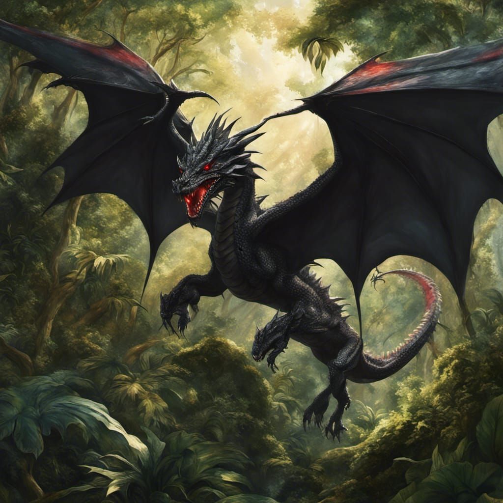 Black Dragon Soaring Through Rainforest
