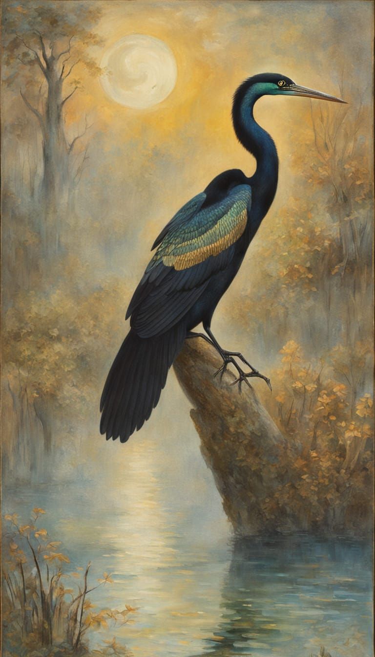 Ancient Riverbank Scene with Iridescent Bird in Misty Fog