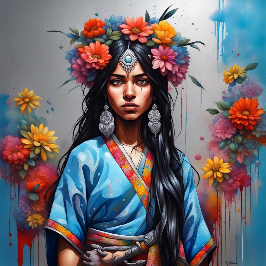 Indian Girl with Silver Eyes in Graffiti Art