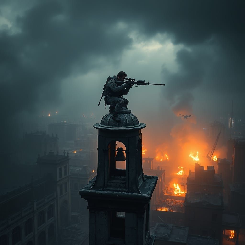 Sniper in War-Torn City at Twilight