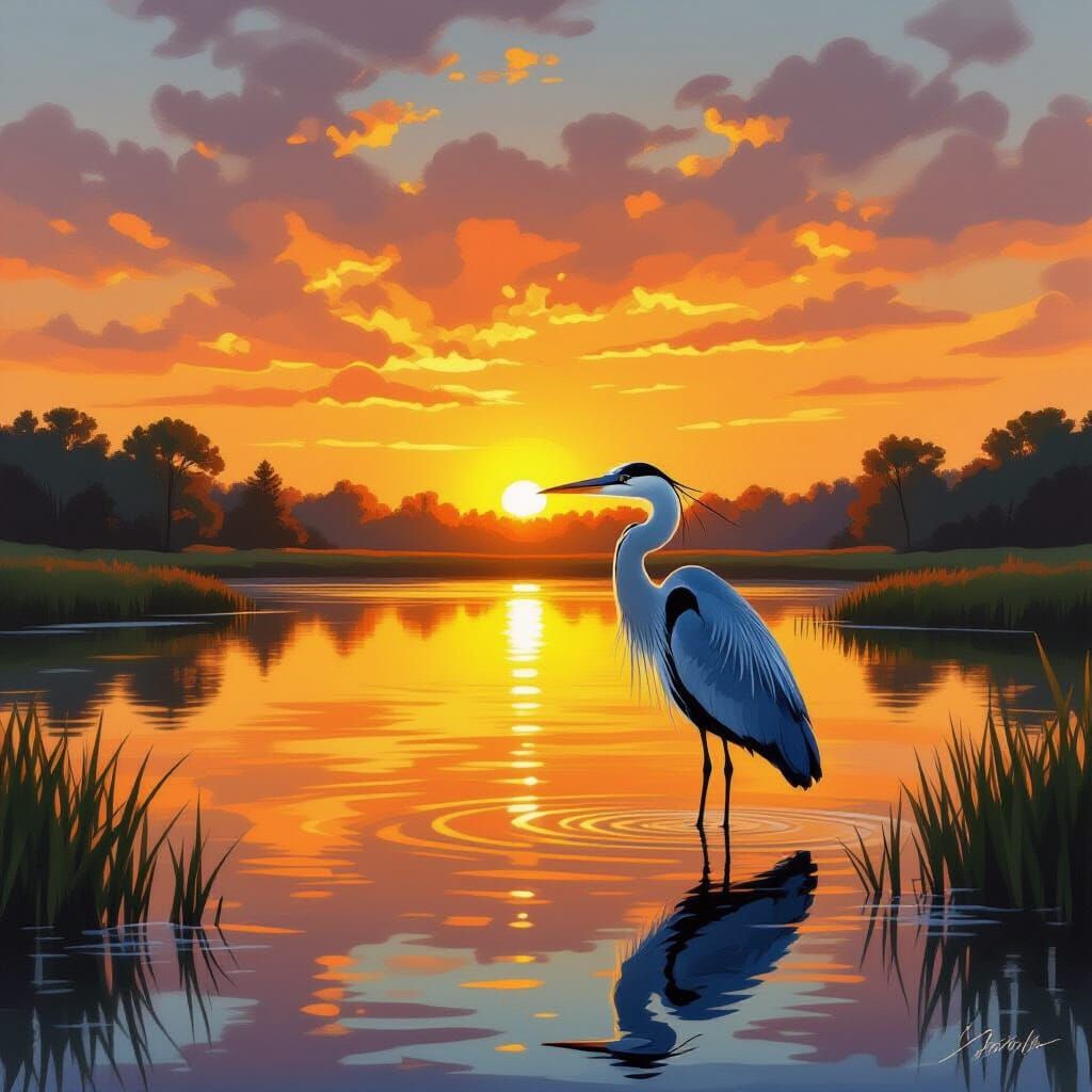 Great Blue Heron in Serene Sunrise Landscape Painting