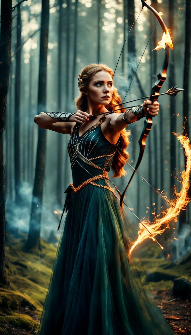 Fiery Huntress Shoots Arrow in Cinematic Forest
