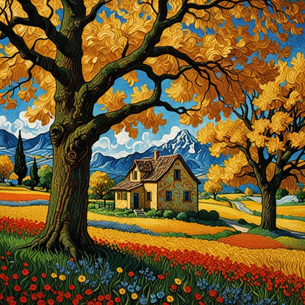 Vibrant Floral Landscape in Pointillist Style with Van Gogh ...