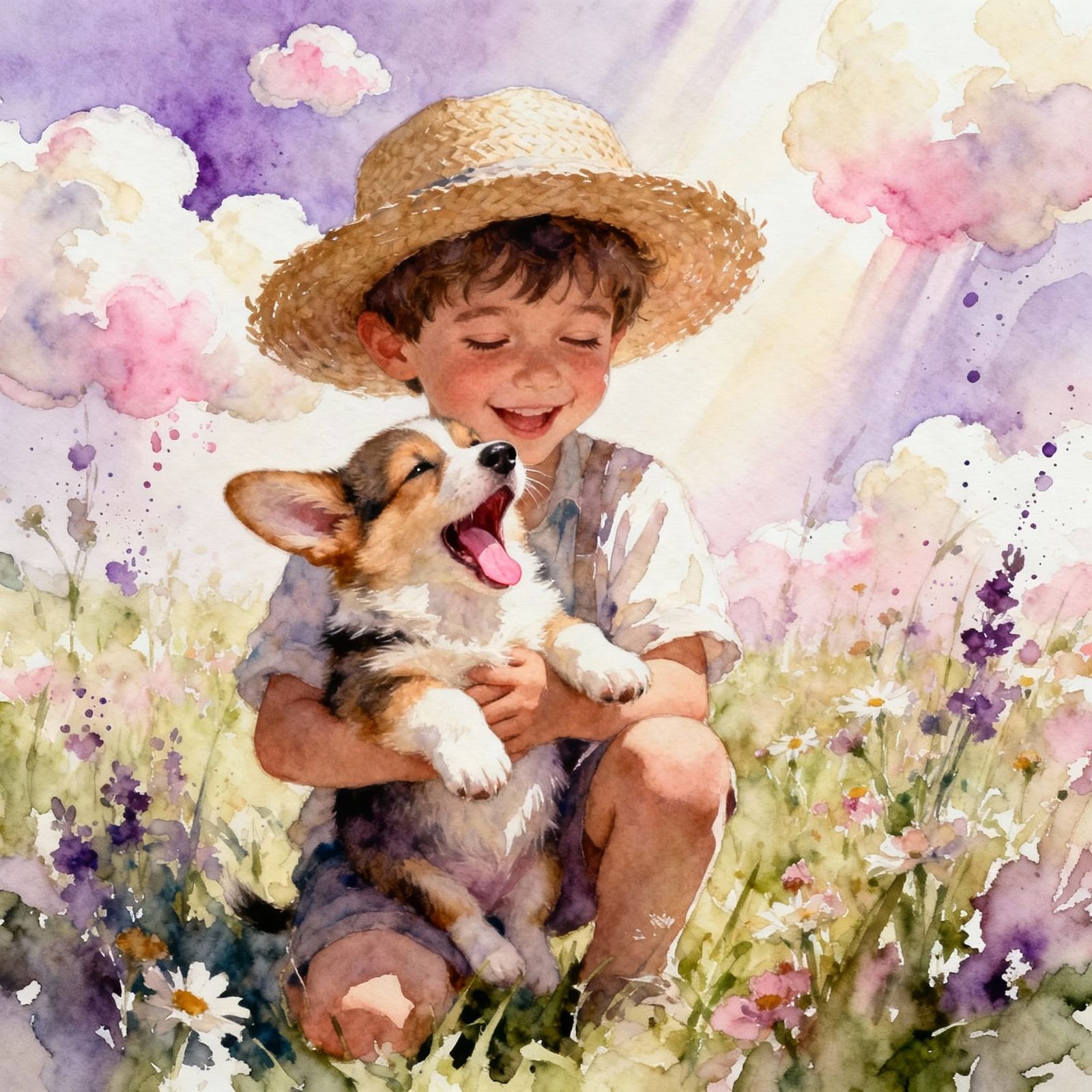 Watercolor Portrait of Boy and Corgi Puppy in Wildflower Fie...