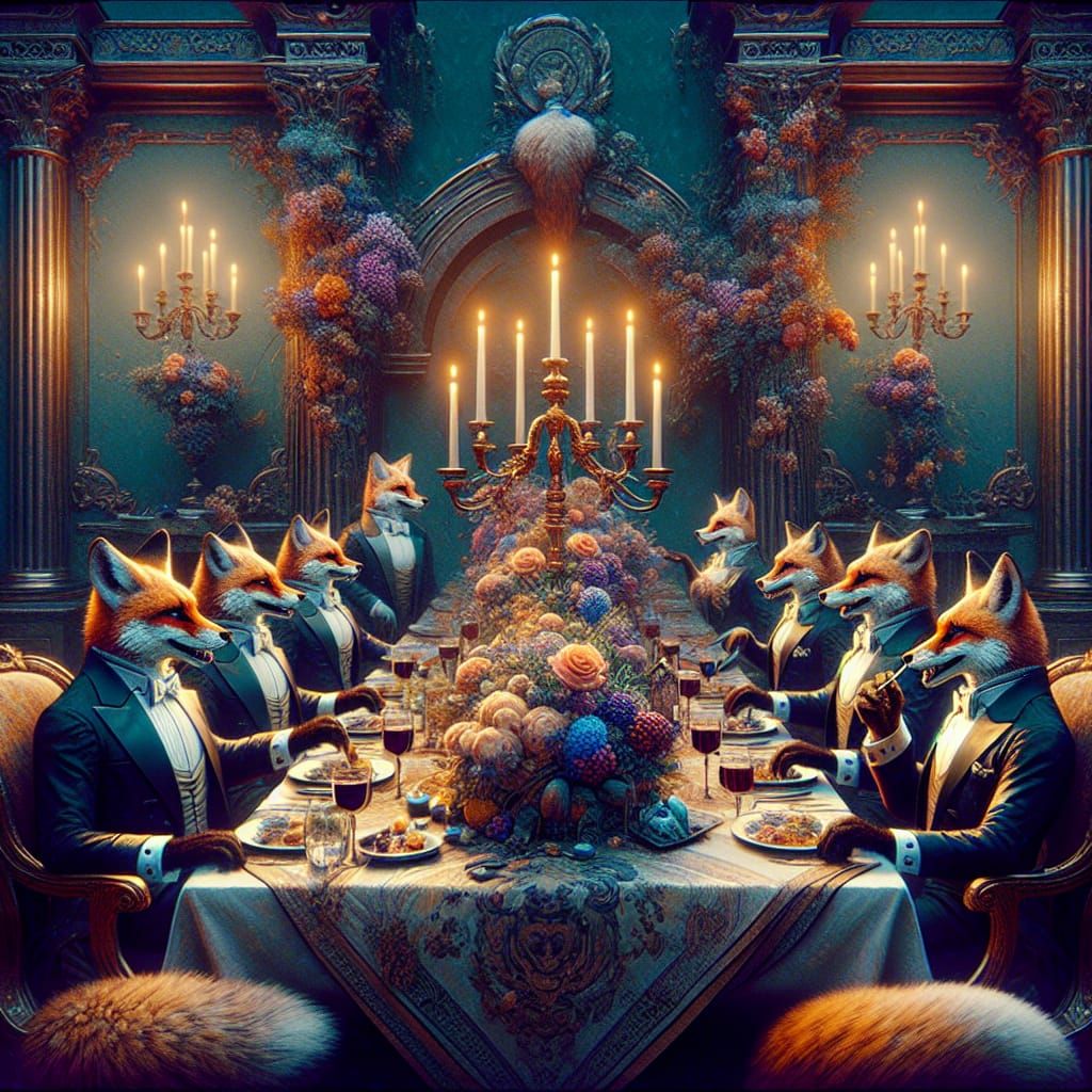 Anthropomorphic Fox in Tuxedo at Fantasy Dinner Party