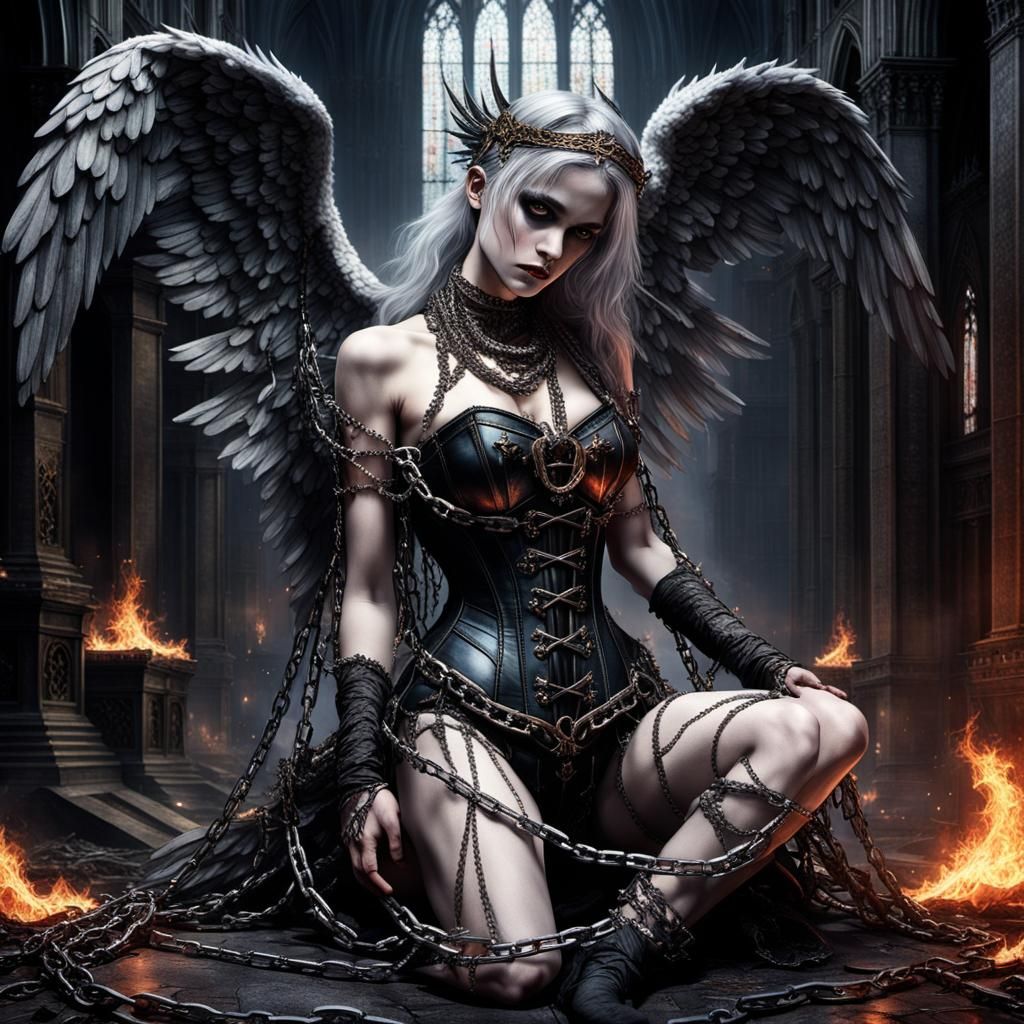 Tormented Angel in Hellish Cathedral: Stylized Watercolor