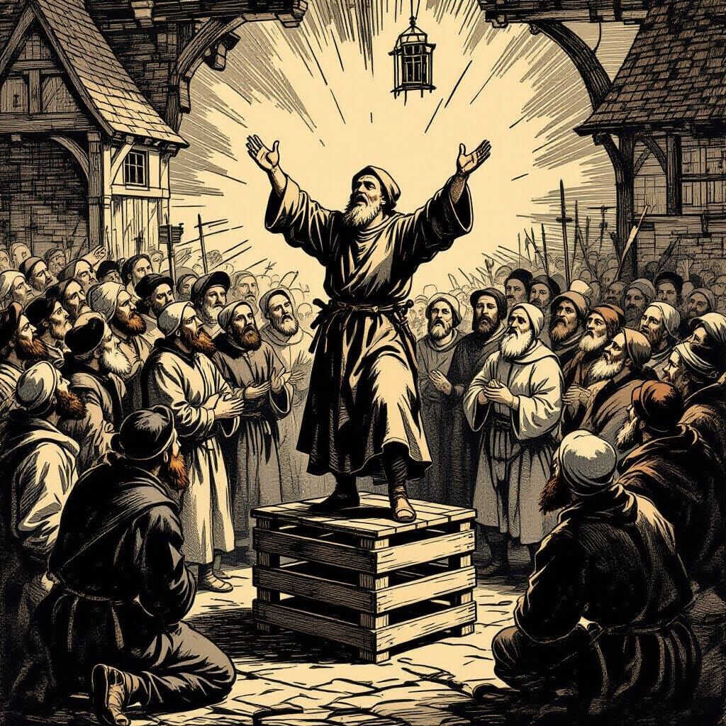 John Ball Preaching to Radicalized Peasants in Woodcut Style