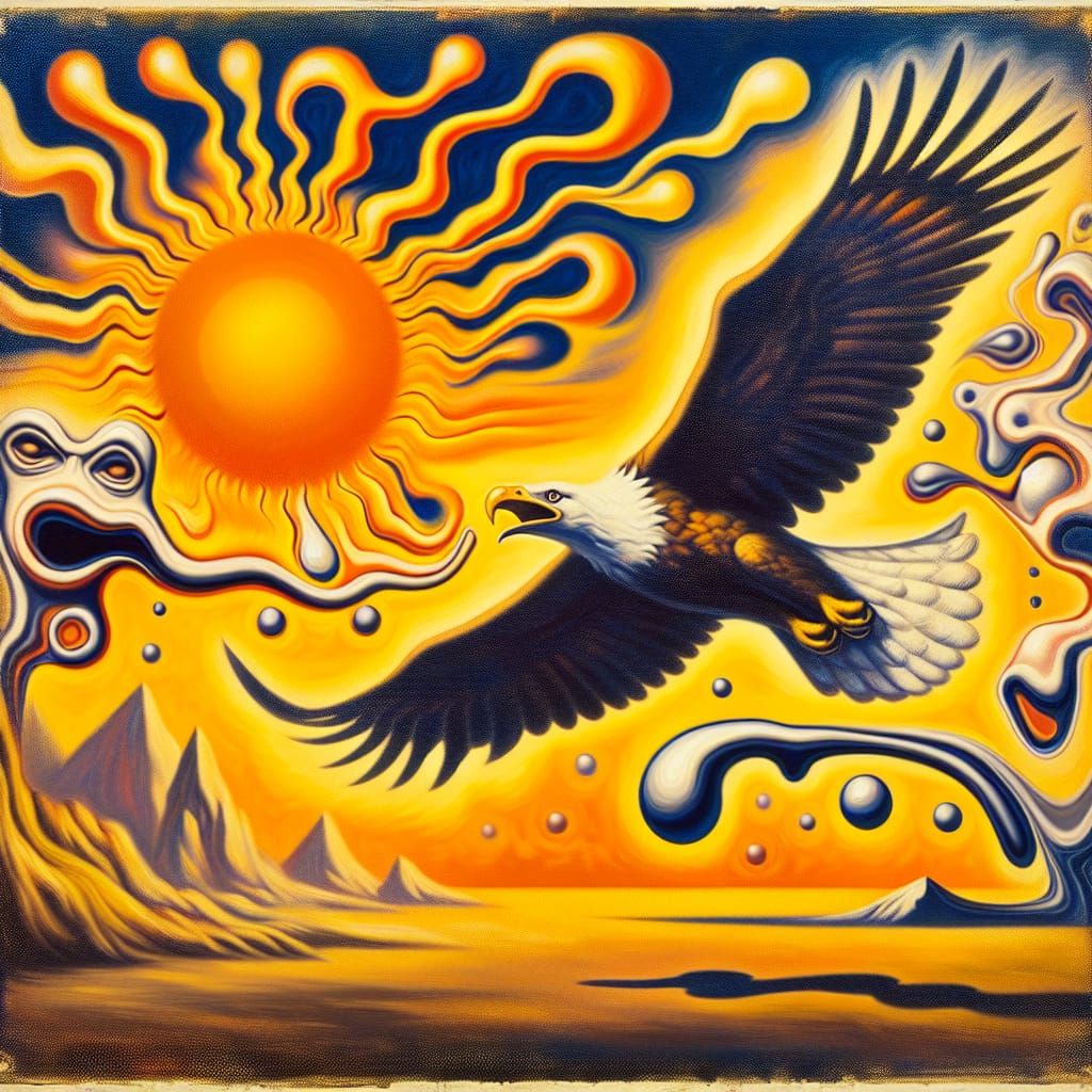 Eagle in Surrealistic Sunset Landscape Oil Painting
