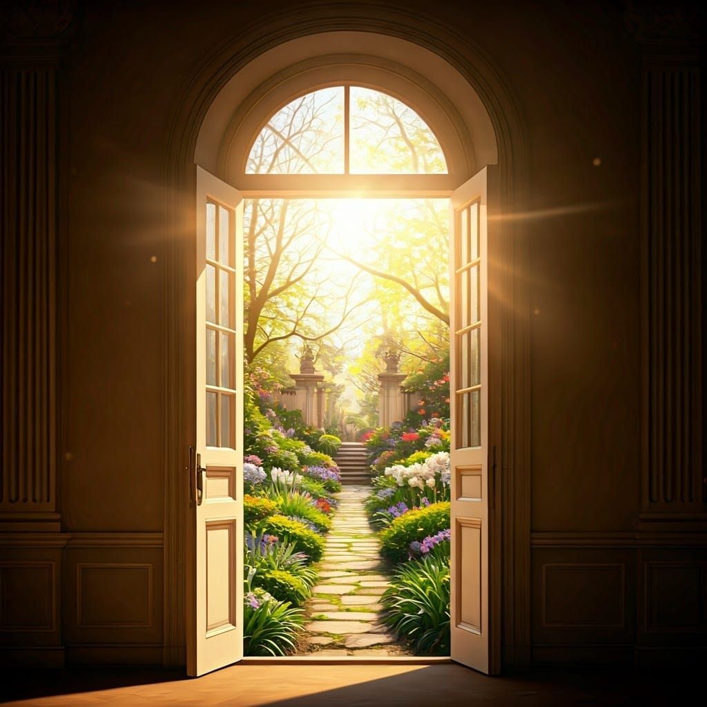 Sunlight shafting into a dark room from a Spring garden outside