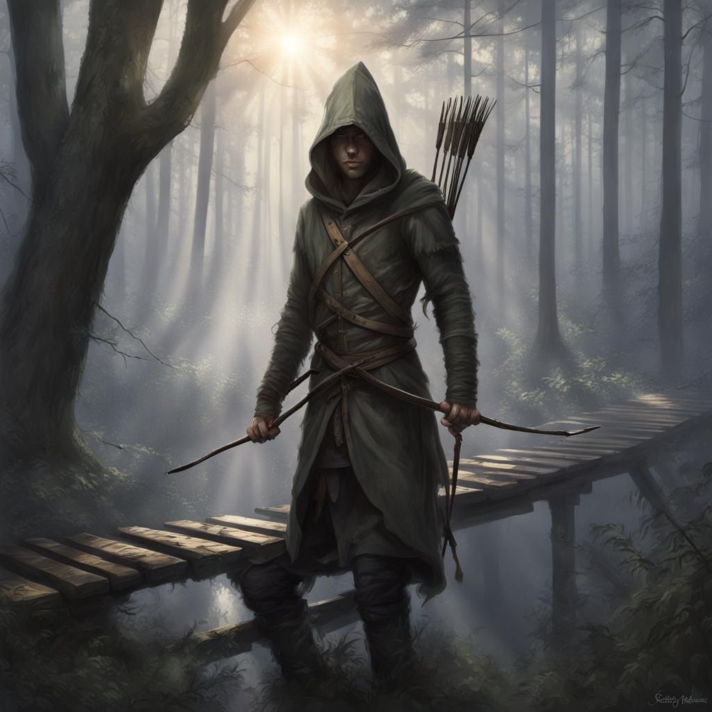 Hooded Archer in Misty Forest, Sinister Art