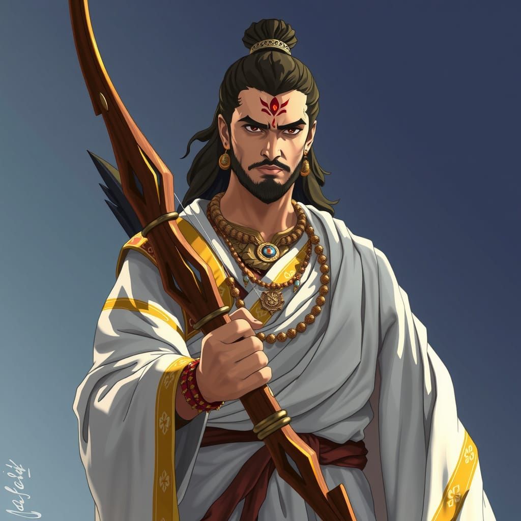 Epic Warrior Arjun in Realistic Anime Style