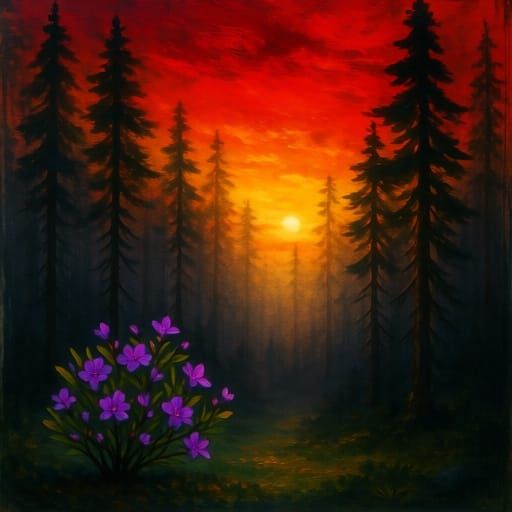 Hazy Forest Sunset with Purple Flowers in Sumi-e Style