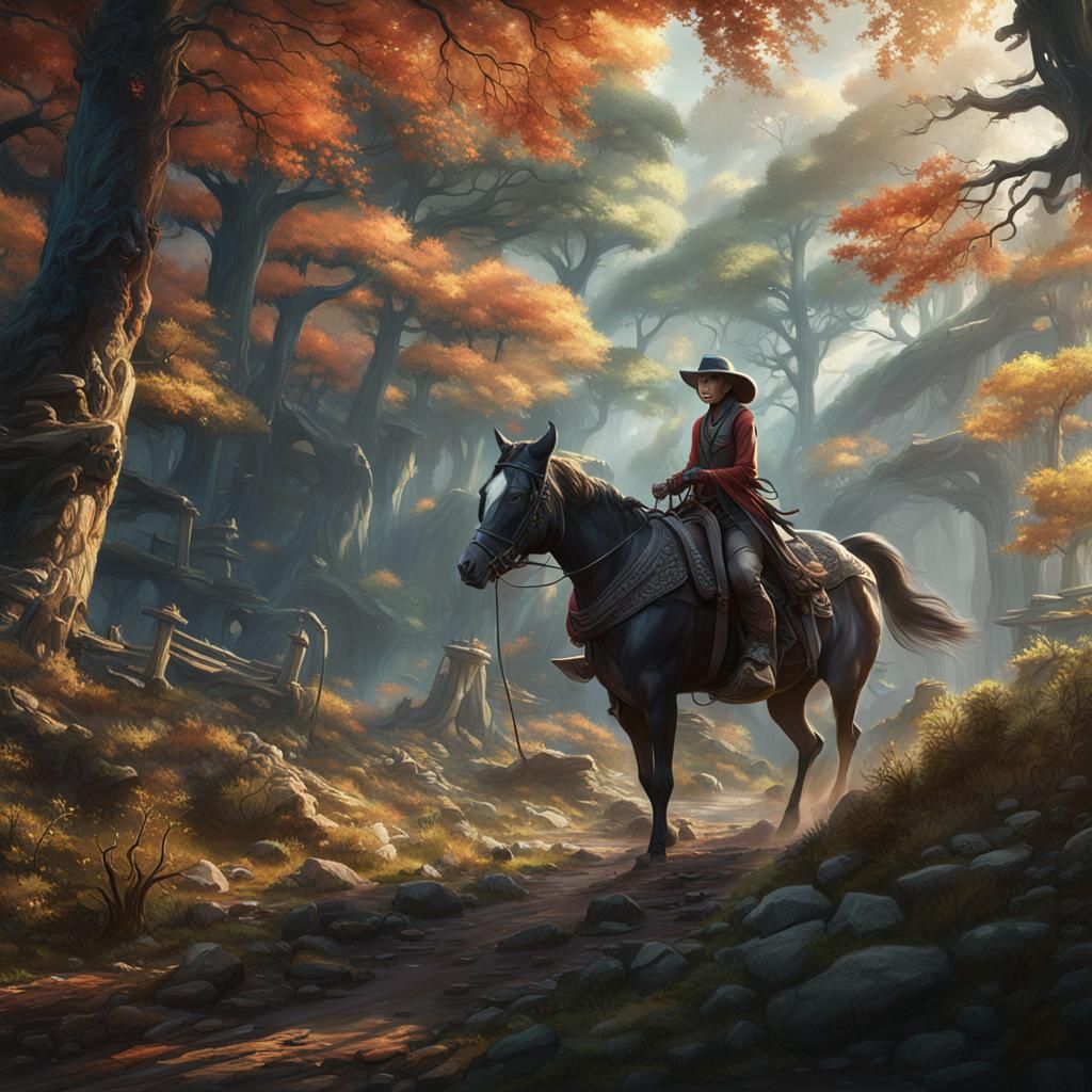 Korean cowgirl rides on trail in woods, sees a young Korean man riding his horse towards her.