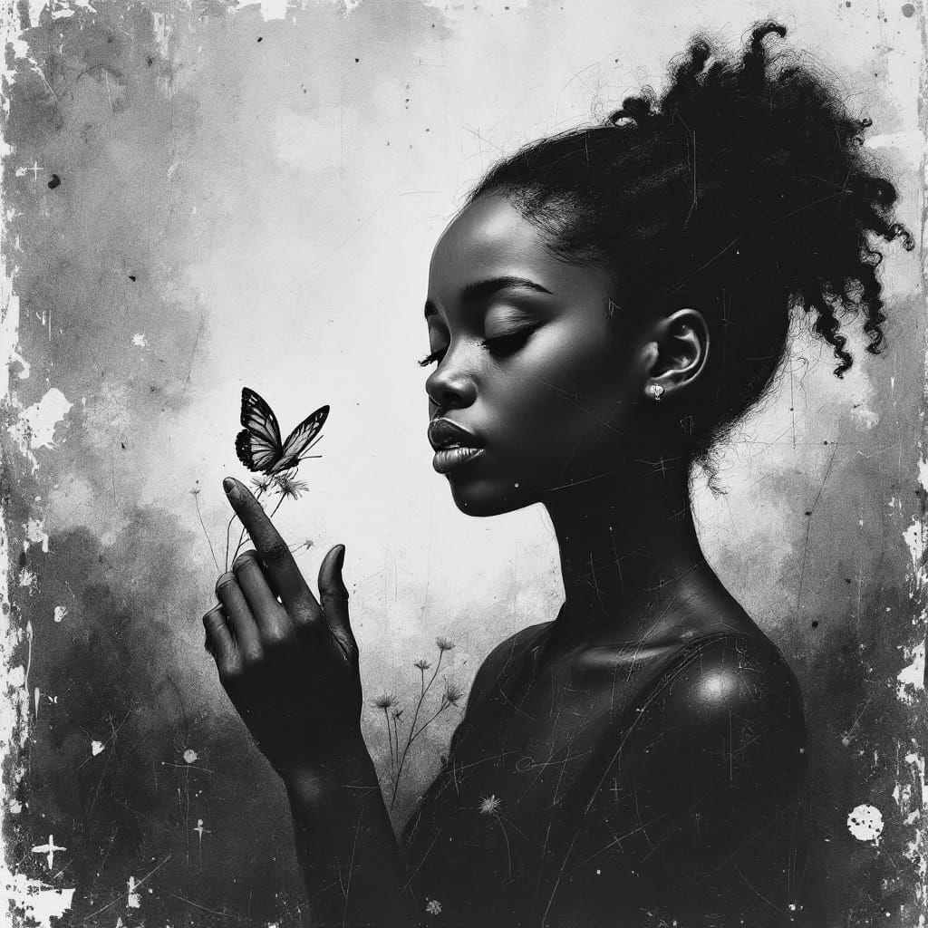 Mystical Jamaican Girl in Black and White Lithography