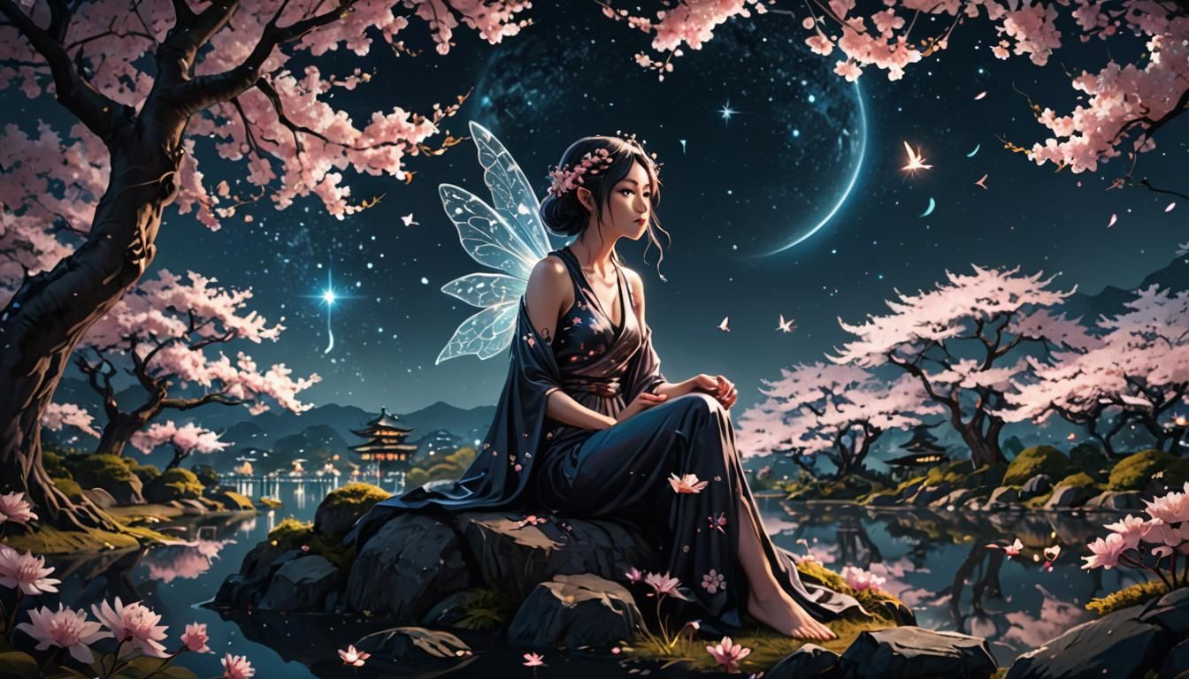 Fairy in Japanese Garden with Cherry Blossoms