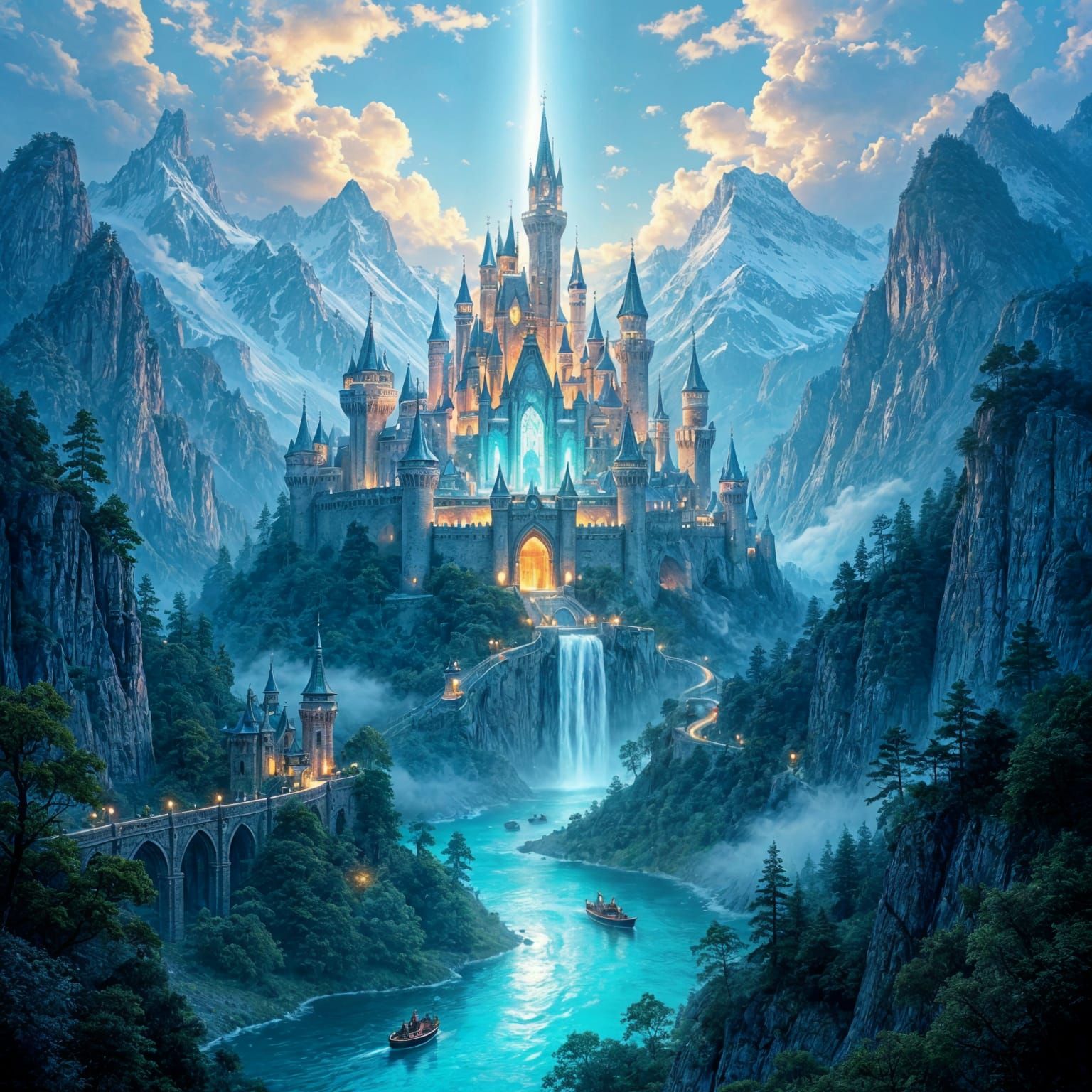 Fantasy Kingdom on Steep Mountains with Glowing Castles